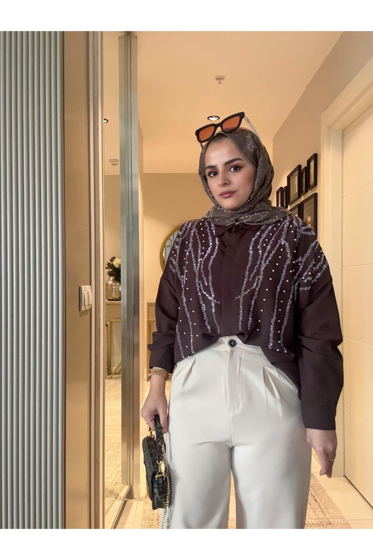 Pamuk Keten Gömlek İncili Pullu Acıkahve