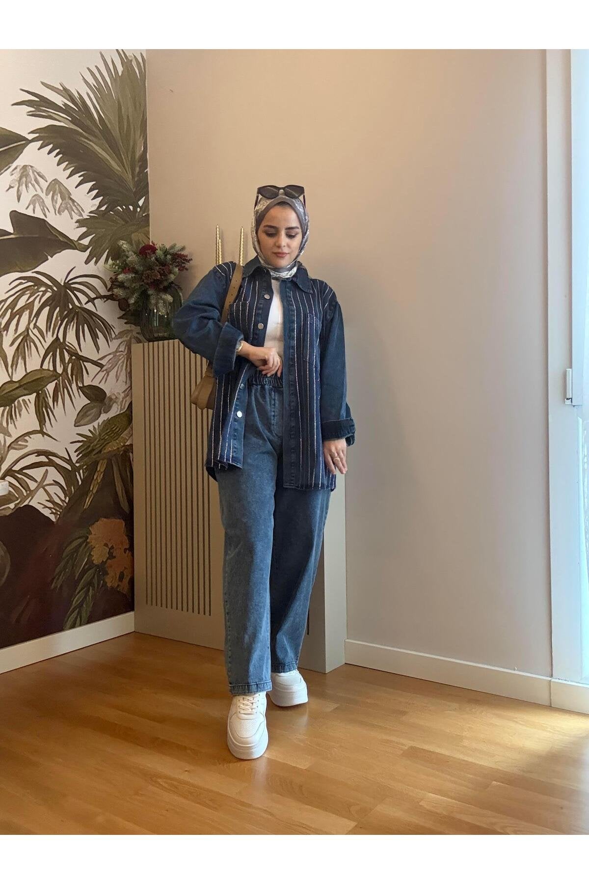 Taş Detaylı Denim Gömlek İkili Takım Koyu Mavi