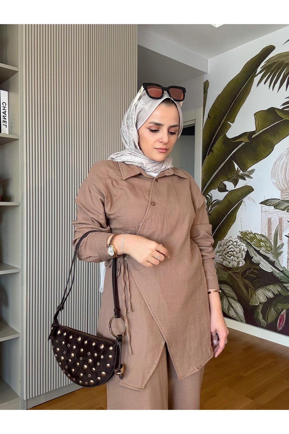 Kimona Müslin Pamuklu Gömlek Takım Siyah