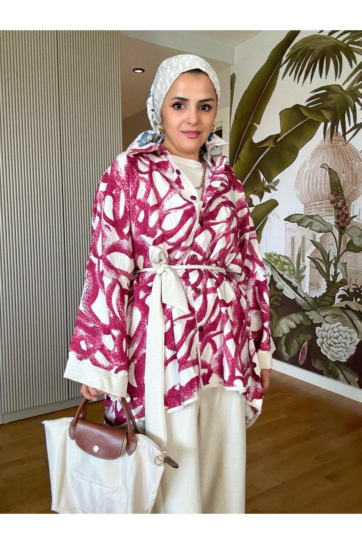 Yılan Desenli Pamuk Keten Kimono Takım | Yazlık Rahat Tesettür İkili Takım Siyah