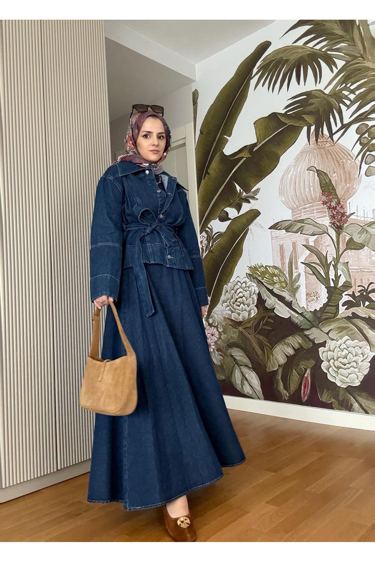 Denim Kuşaklı Çan Etek Takım Lacivert