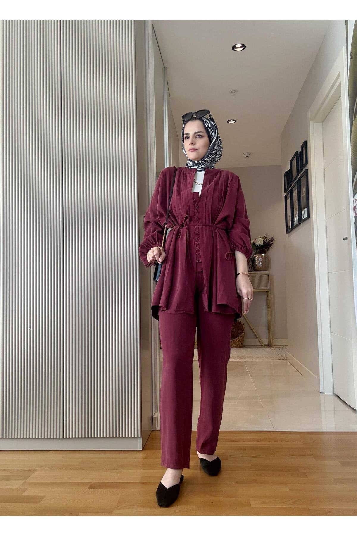 Roza Düğmeli İthal Dokuma Kumaş Gömlekli İkili Takım Bordo