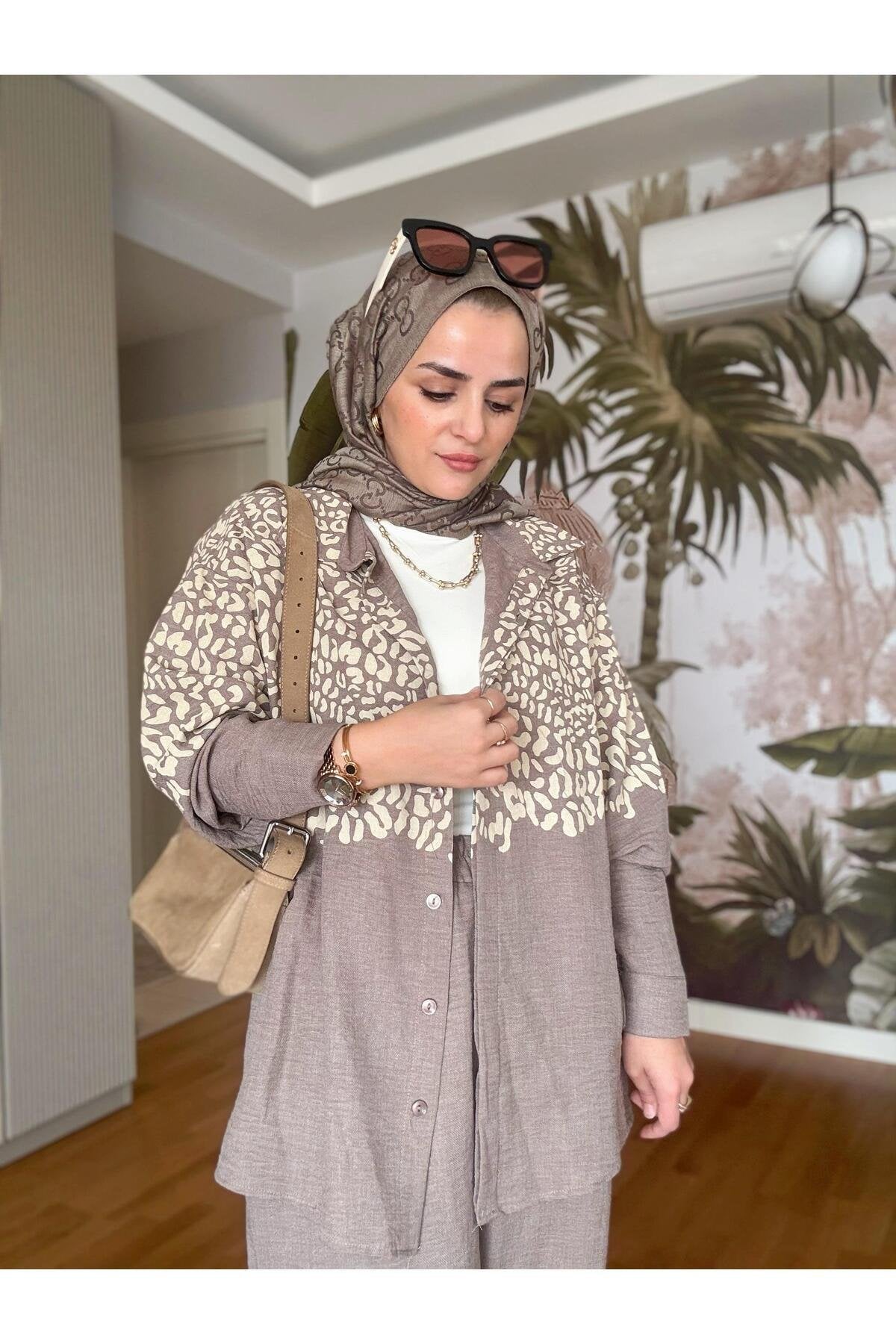 Gömlek Leopar Baskı Pamuklu İkili Takım Siyah