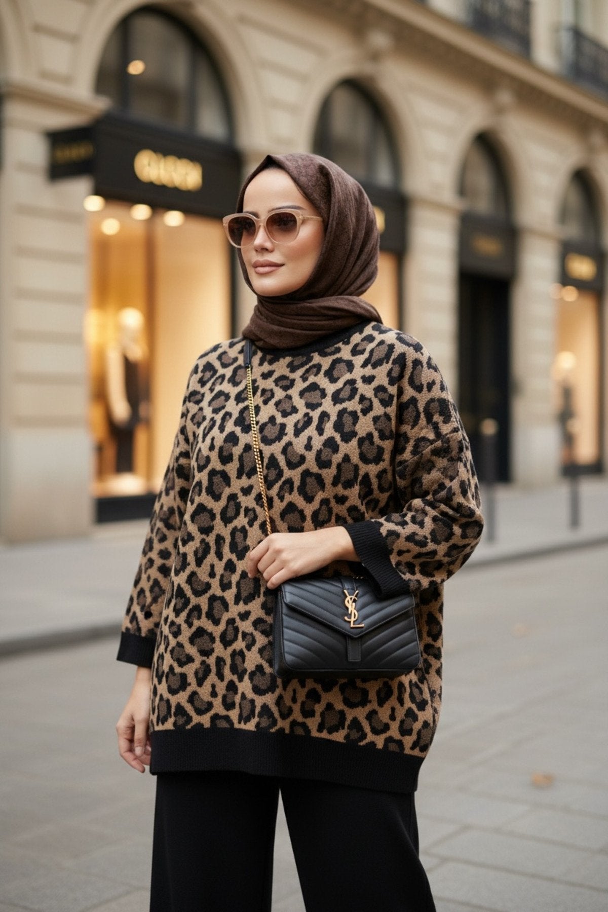 Leopar Desenli Triko Takım kahve