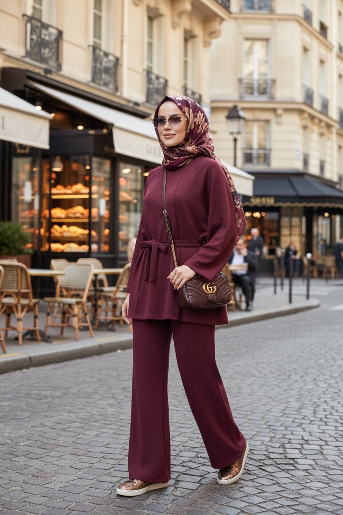 Kuşaklı Modal Yırtmaçlı Dökümlü A Kesim Tesettür İkili Takım | Bordo