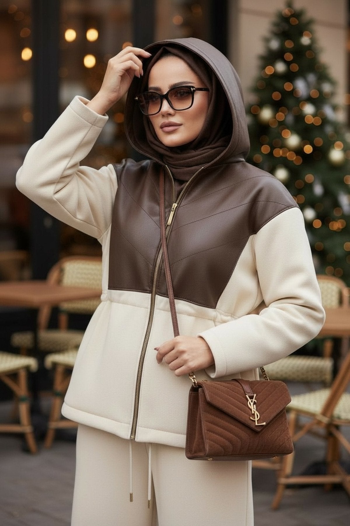 Milano Leather Set – Deri Detaylı Üç İplik Şardonlu Tesettür Takım Hakiyeşil