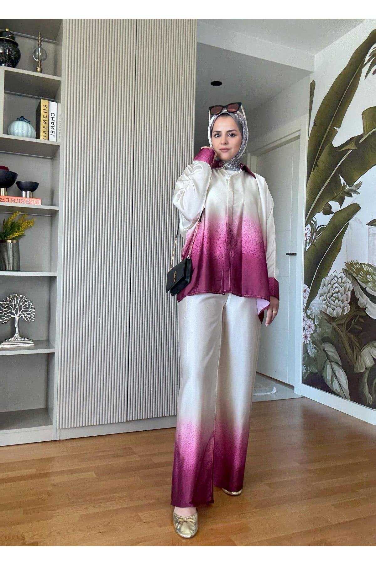 Saten Gömlek Renk Geçişli İkili Takım Pembe