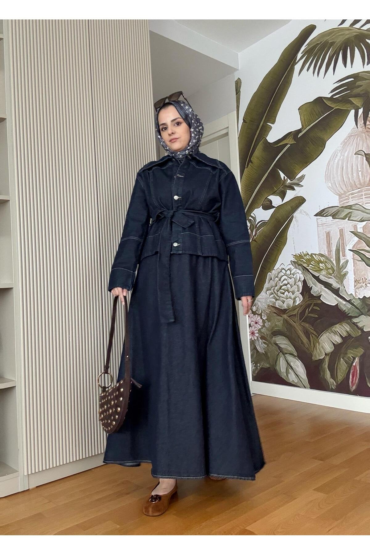 Denim Kuşaklı Çan Etek Takım KoyuMavi