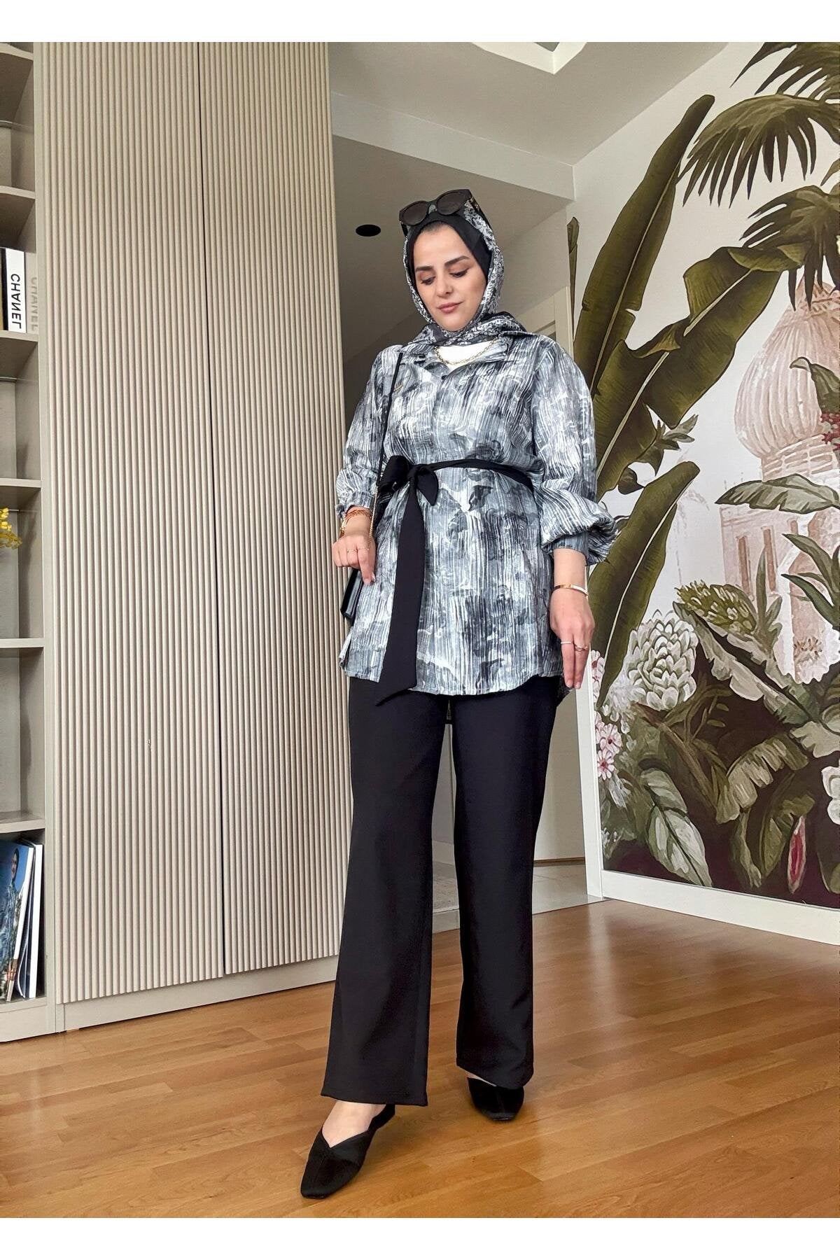 Bella Pamuklu Gömlek Desenli Krep Pantolon Takım Bej