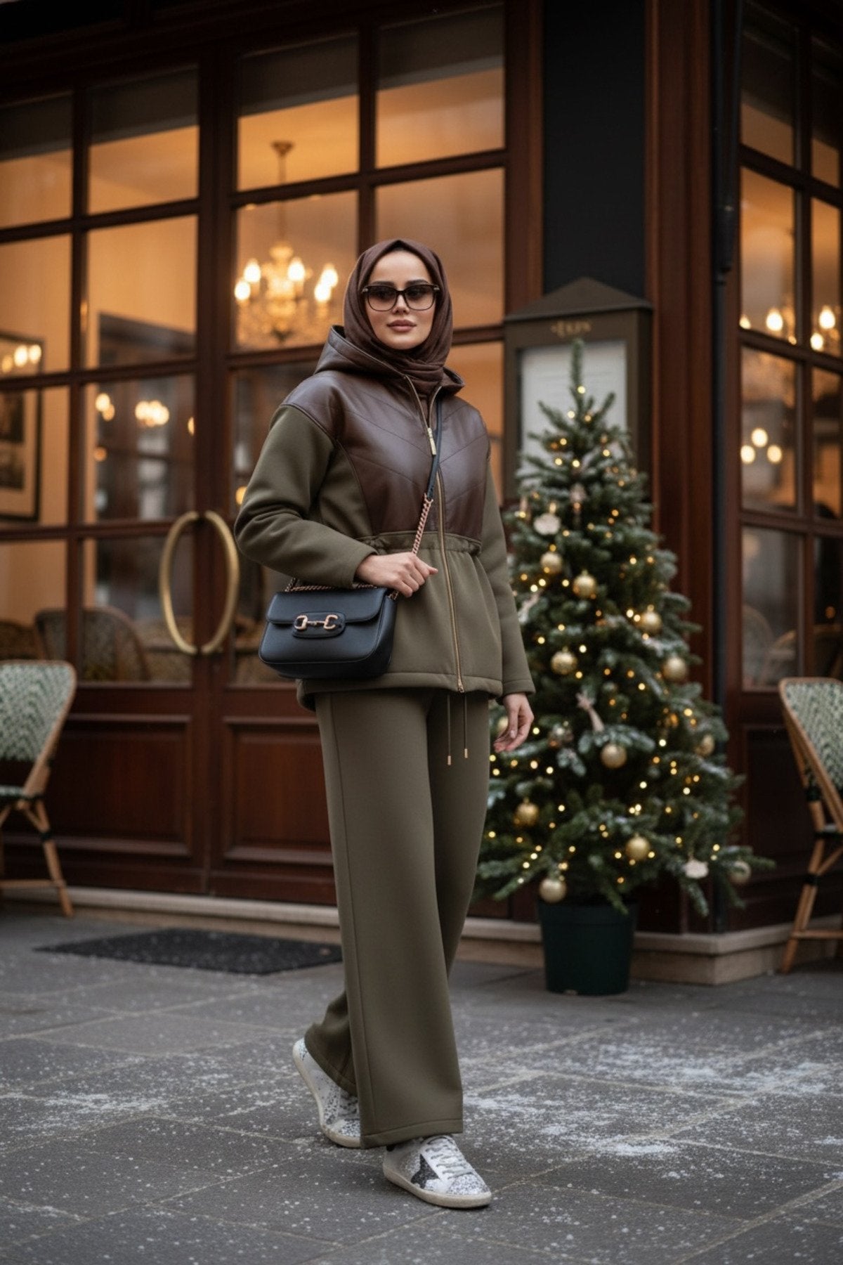 Milano Leather Set – Deri Detaylı Üç İplik Şardonlu Tesettür Takım Hakiyeşil