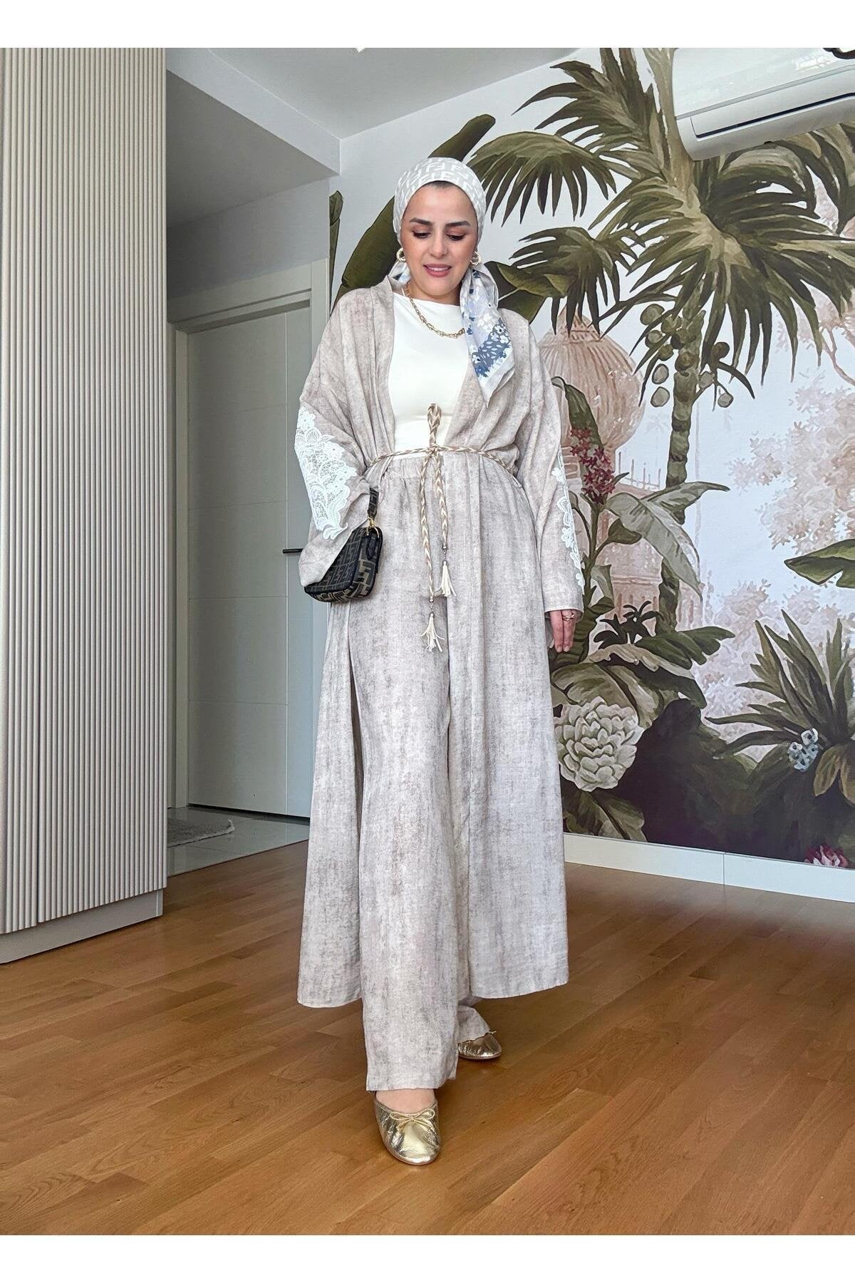 Kimona Pamuklu Kemerli Tunik Takım Siyah