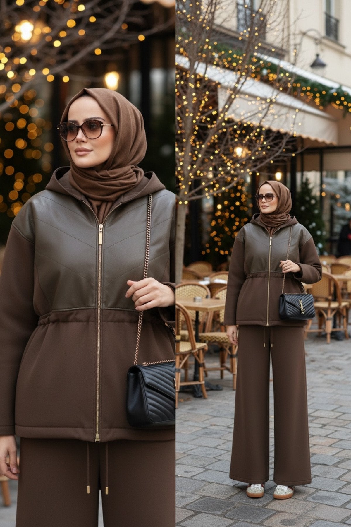 Milano Leather Set – Deri Detaylı Üç İplik Şardonlu Tesettür Takım Hakiyeşil