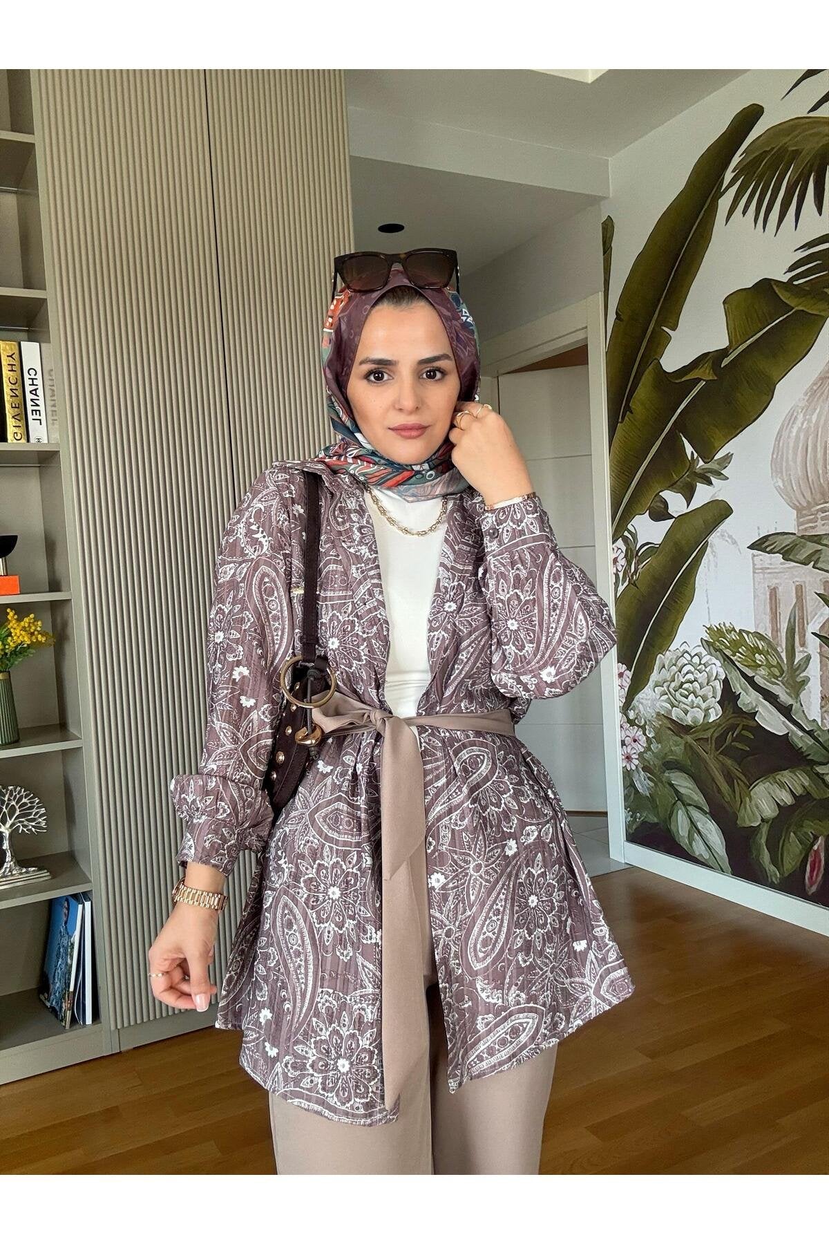Bahar Pamuklu Gömlek Desenli Krep Pantolon Takım Vizon