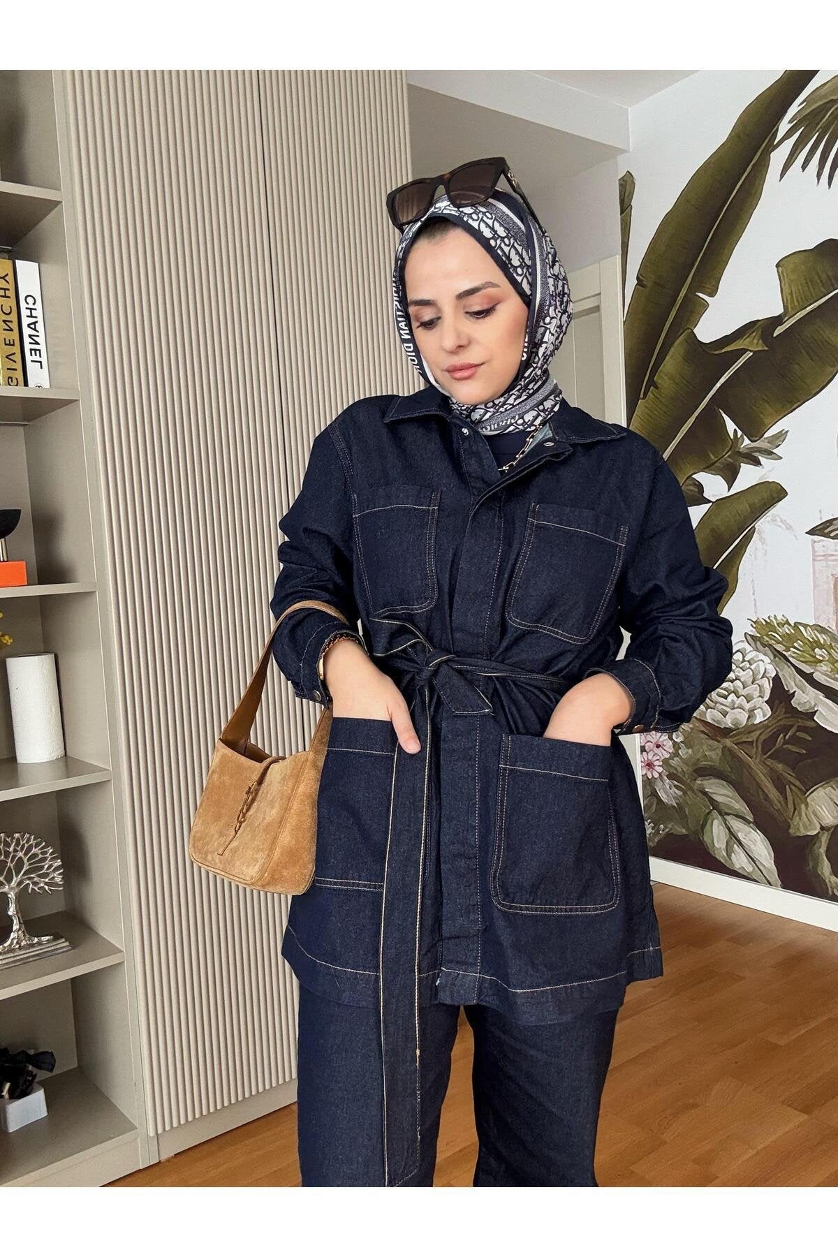 Cepli Denim Kuşaklı Ceket Takım Koyu Mavi