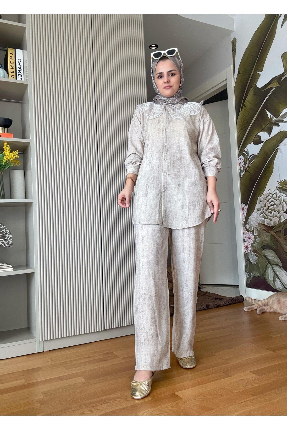 Keten Dantel Yaka Detaylı Gömlek Takım Siyah