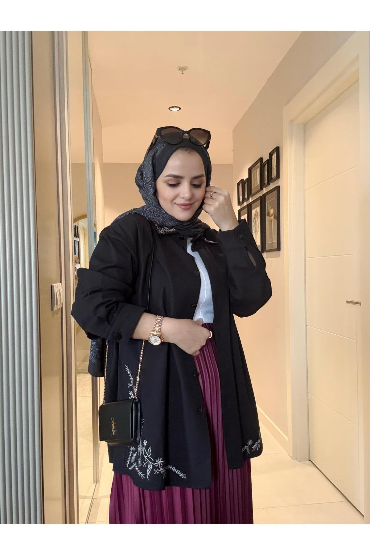 Nakışlı Taşlı Denim Ceket Gömlek Siyah