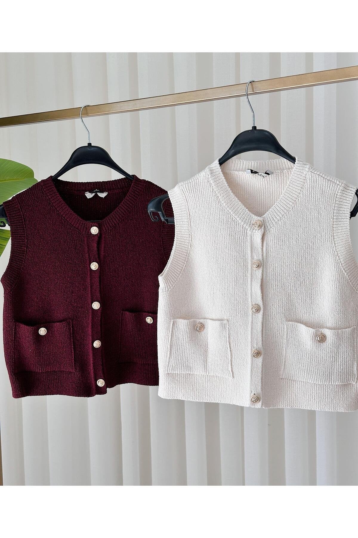 Premium Muadil Bordo Triko Yelek Ekru