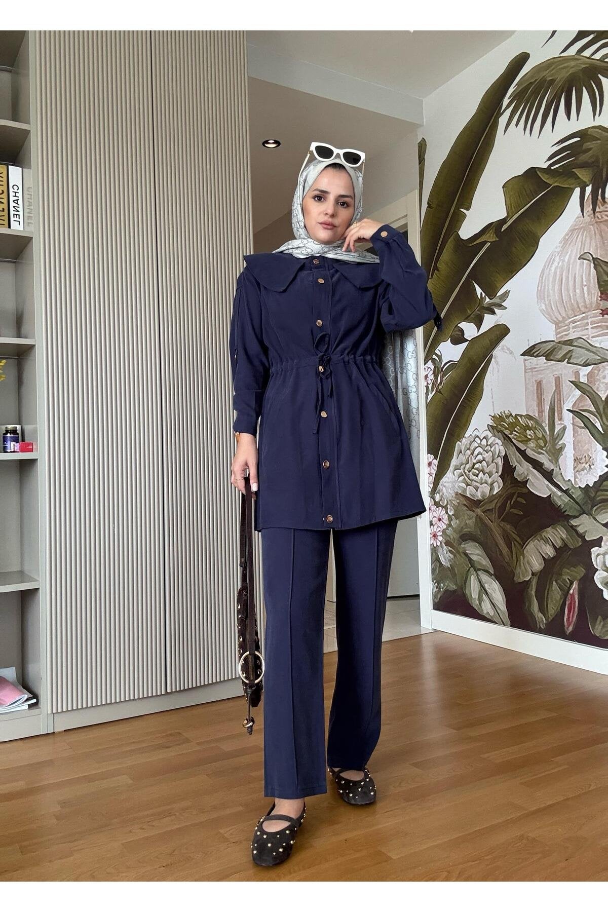 İthal Pamuklu Kumaş Fermuarlı Ceketli Apoletli Yakalı Takım Lacivert