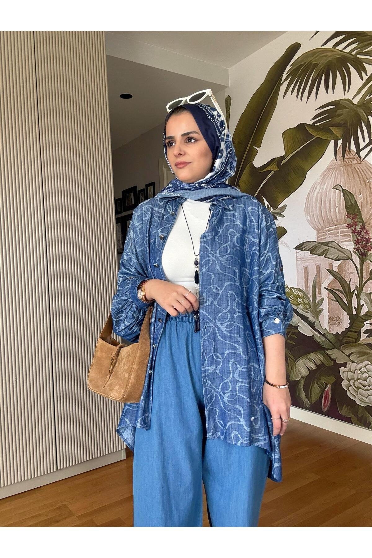 Kolyeli Kot Pantolonlu Kimona Düğmeli Salaş 3 lü Takım Mavi