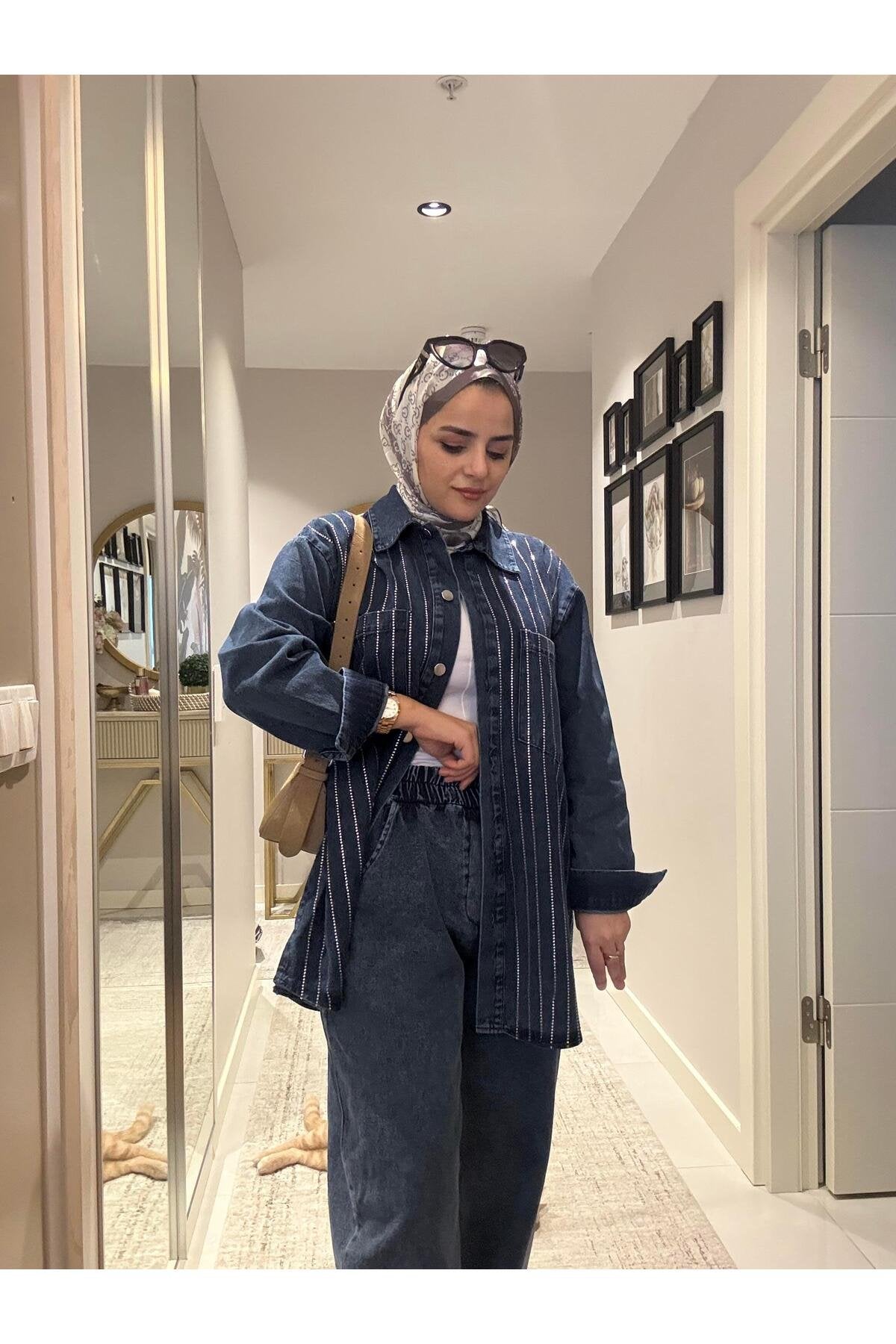 Taş Detaylı Denim Gömlek İkili Takım Koyu Mavi