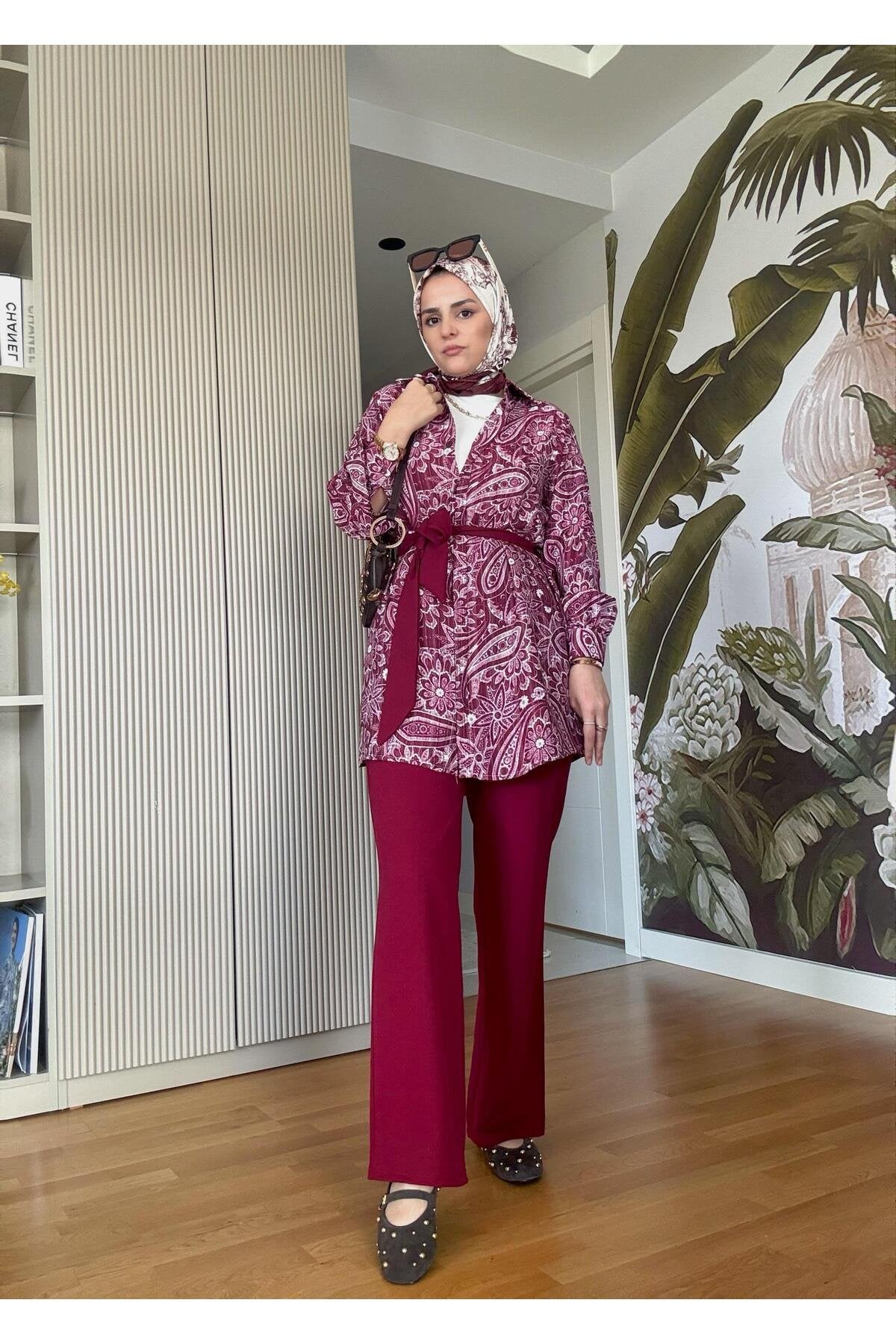 Bahar Pamuklu Gömlek Desenli Krep Pantolon Takım Vizon