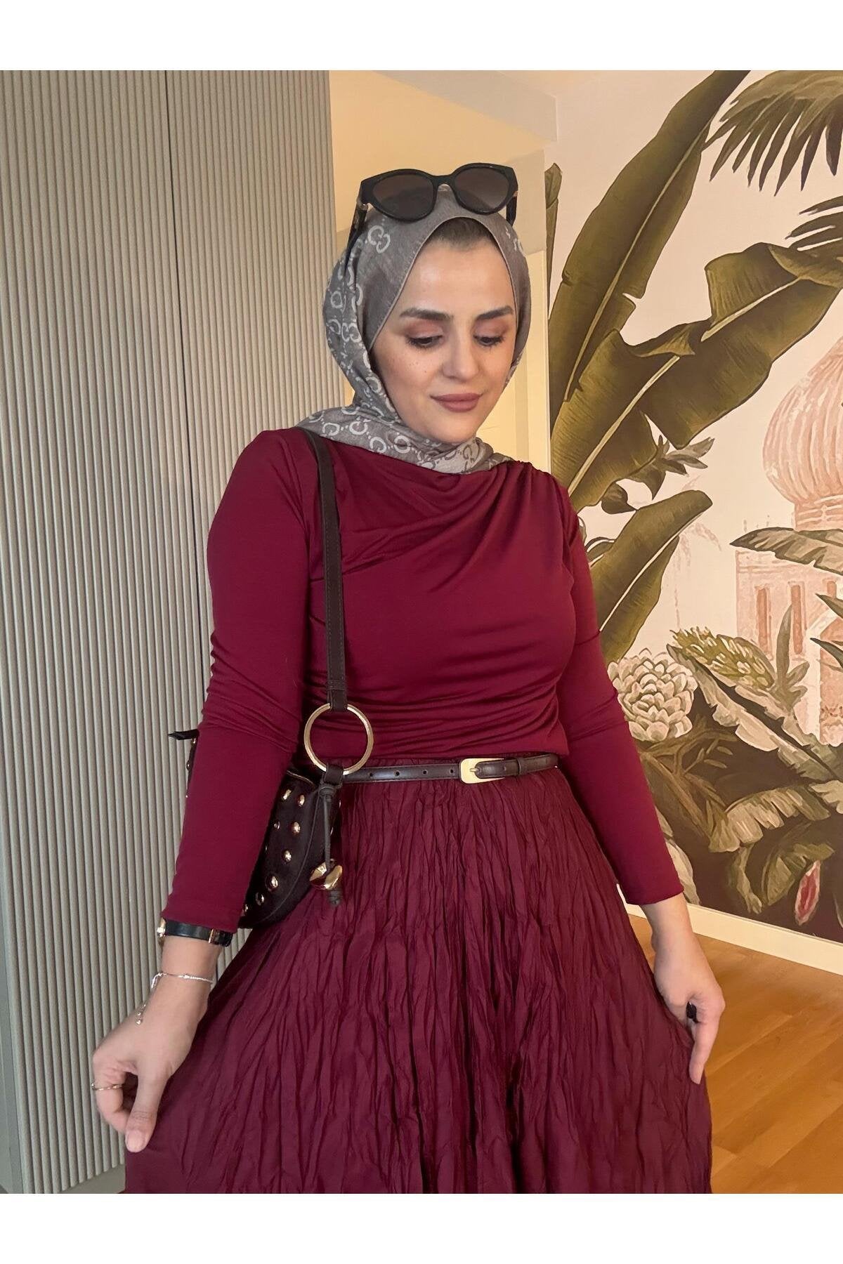 Kırışık Kumaşlı Etekli Takım Lacivert