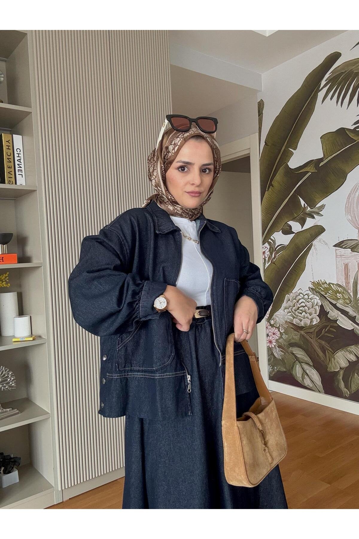 Denim Fermuarlı Çan Etek Takım Lacivert