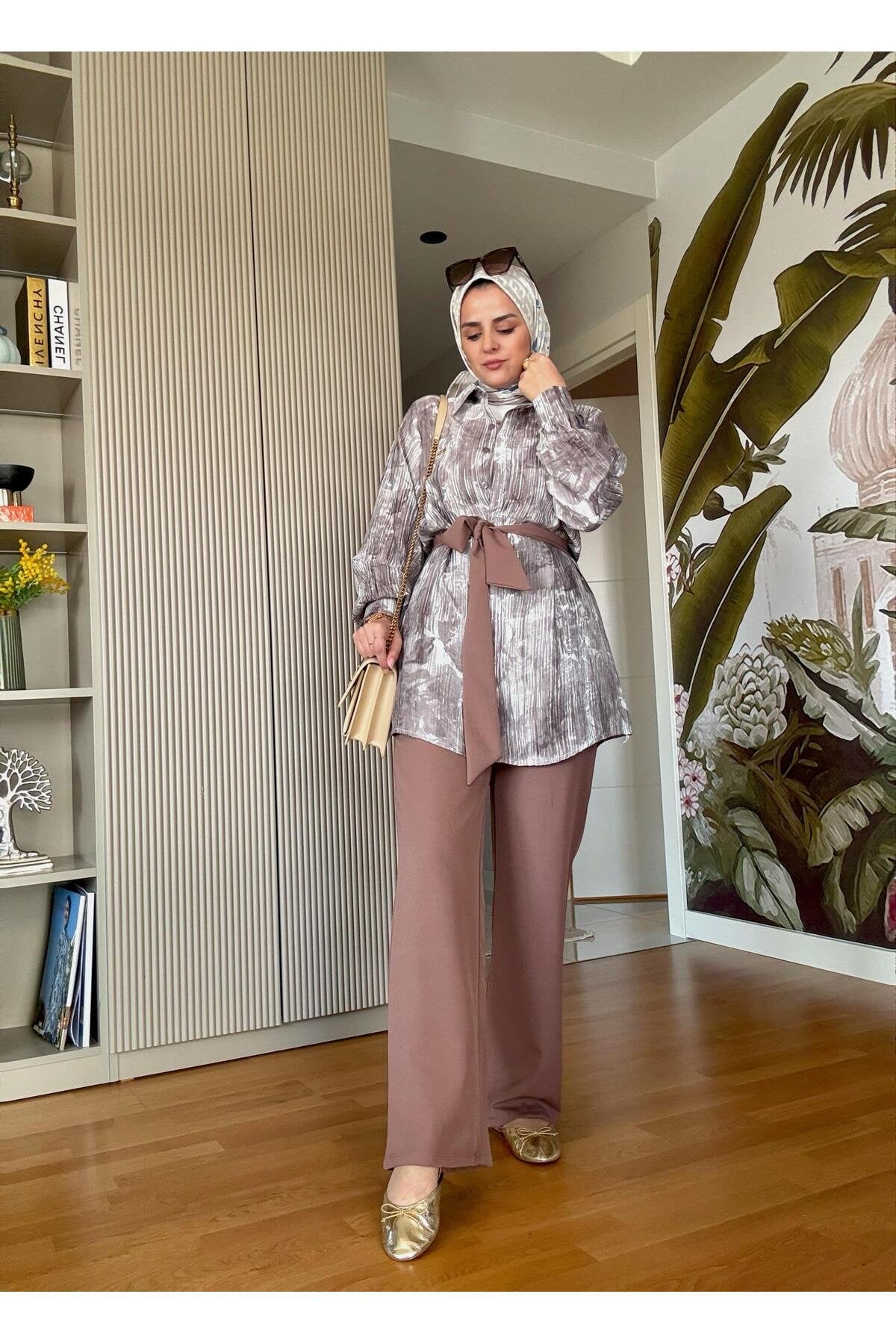 Bella Pamuklu Gömlek Desenli Krep Pantolon Takım Bej