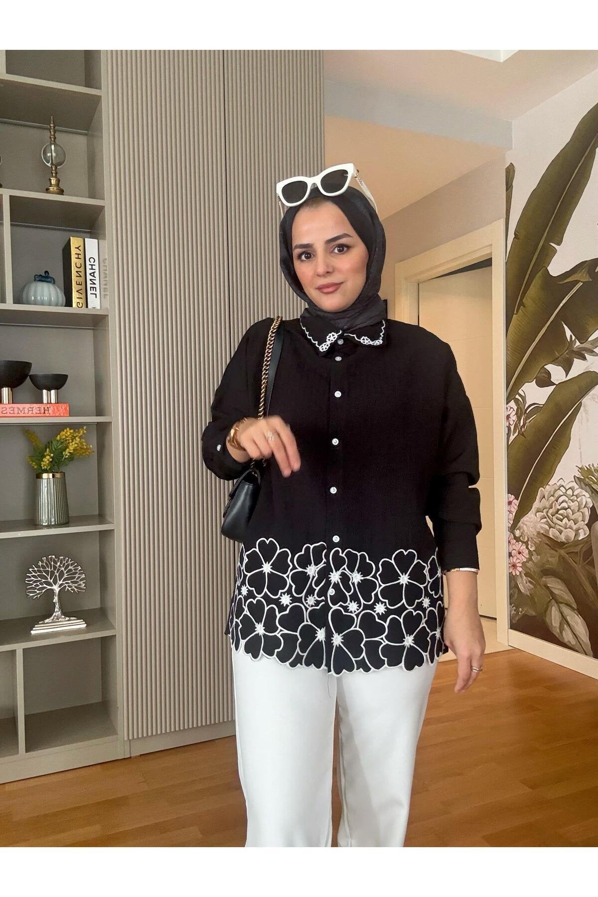 Gömlek Çiçekli Nakışlı Pamuklu İkili Takım Yağ yeşili