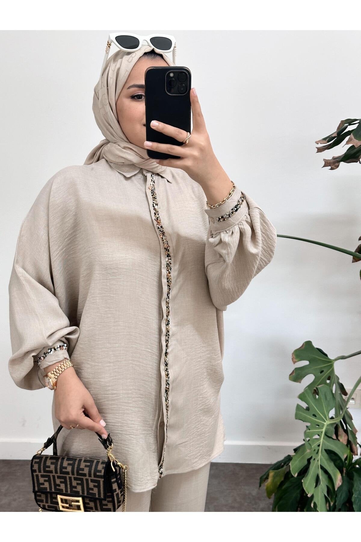 Kolu Boncuklu Keten Takım Yağyeşili