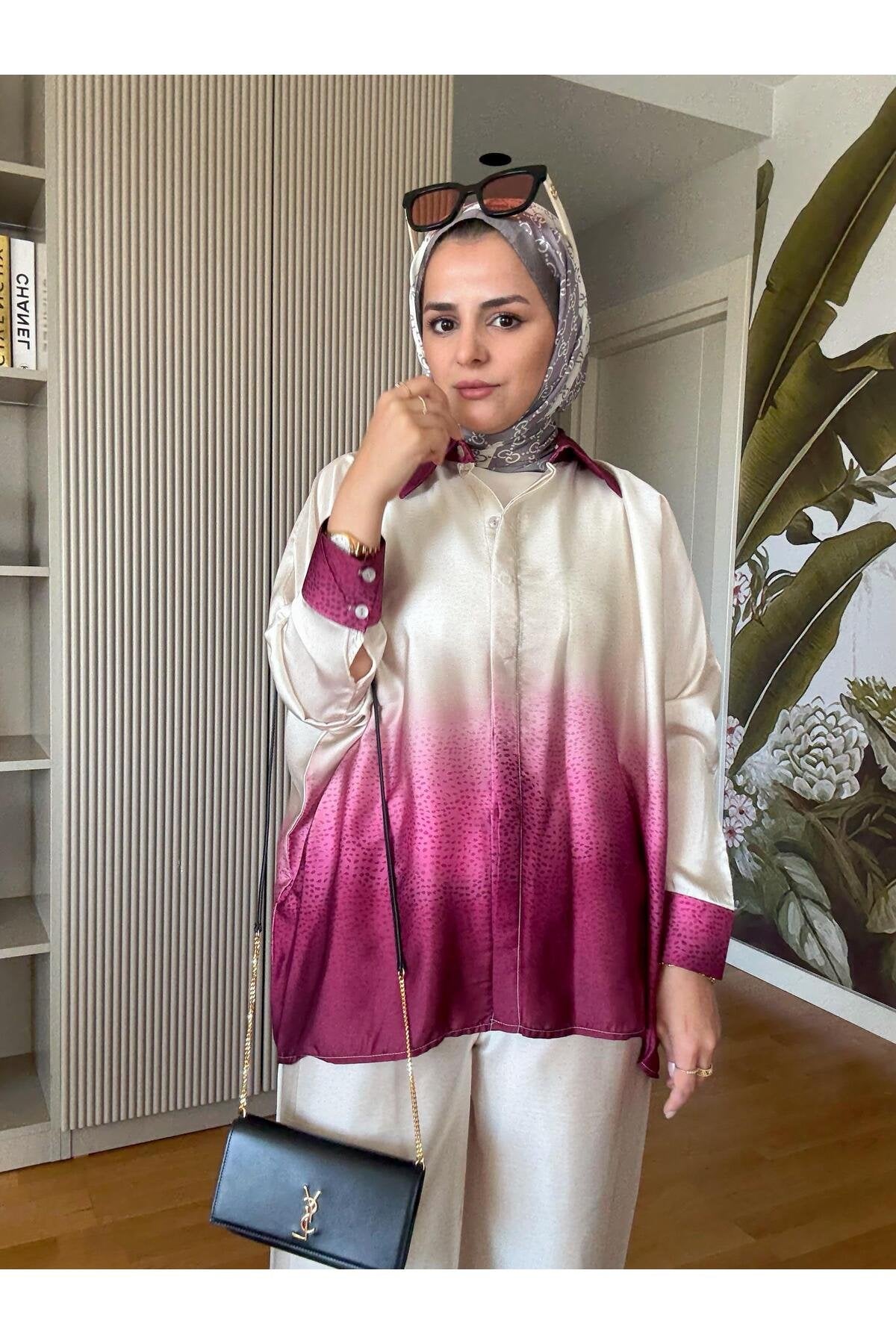 Saten Gömlek Renk Geçişli İkili Takım Pembe
