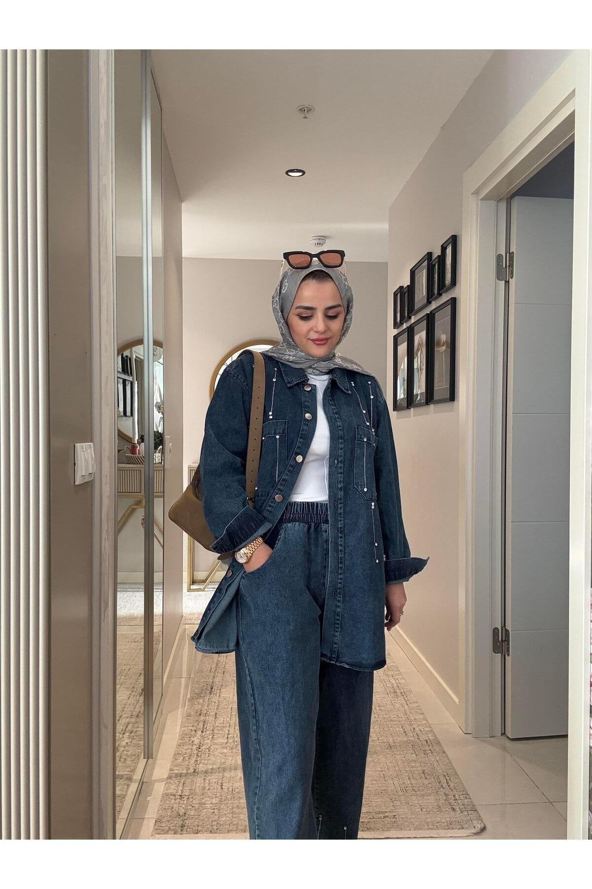 Pantolon-Gömlek Taş Detaylı Denim Gömlek İkili Takım Koyu Mavi Kadın Tesettür Giyim