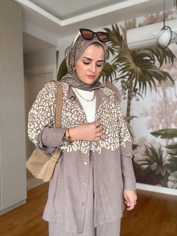 Gömlek Leopar Baskı Pamuklu İkili Takım Kahve
