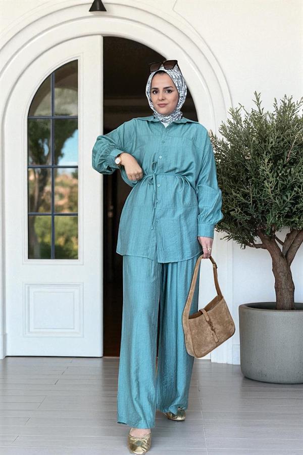 Çilek Keten Gömlekli Yazlık Takım – Cepli Pantolonlu Rahat Şıklık (36-48 Beden) Mint yeşil
