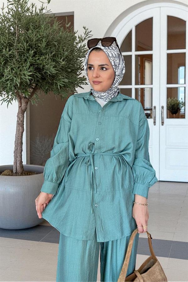 Çilek Keten Gömlekli Yazlık Takım – Cepli Pantolonlu Rahat Şıklık (36-48 Beden) Mint yeşil