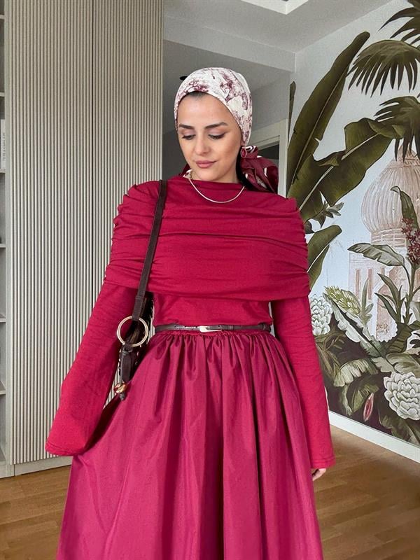 Kayık Yaka Pamuklu Roza Elbise Bordo