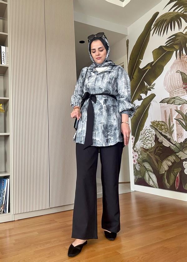 Bella Pamuklu Gömlek Desenli Krep Pantolon Takım Siyah
