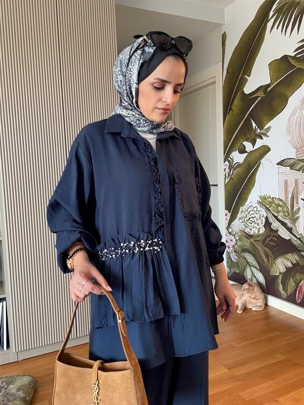İncili Taşlı Tensel İkili Gömlek Takım Lacivert
