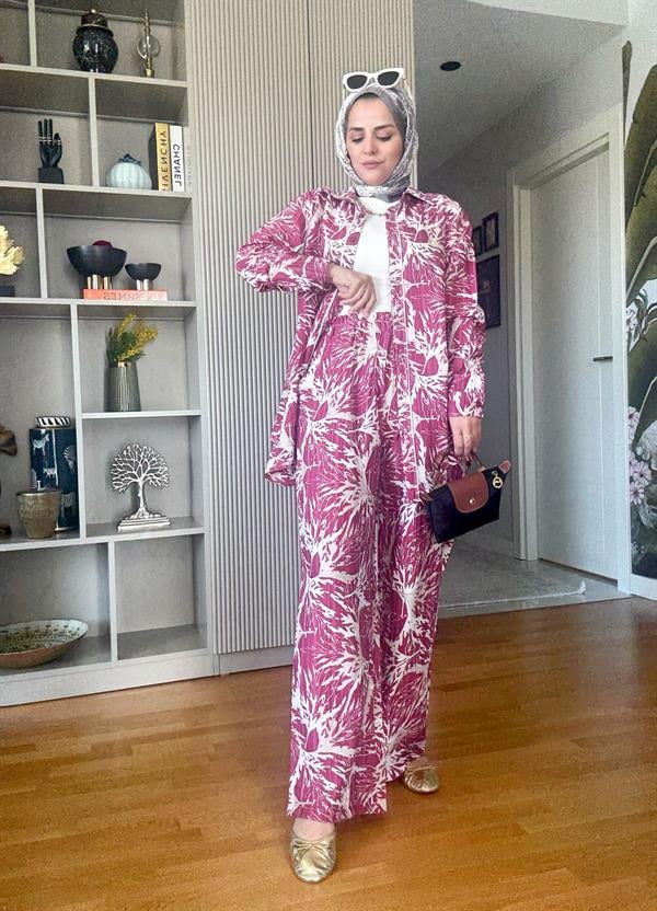 Pamuk Keten Desenli Biyeli Gömlek Takım Pembe