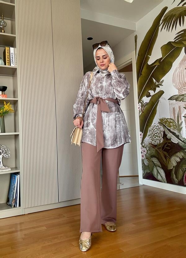 Bella Pamuklu Gömlek Desenli Krep Pantolon Takım Vizon