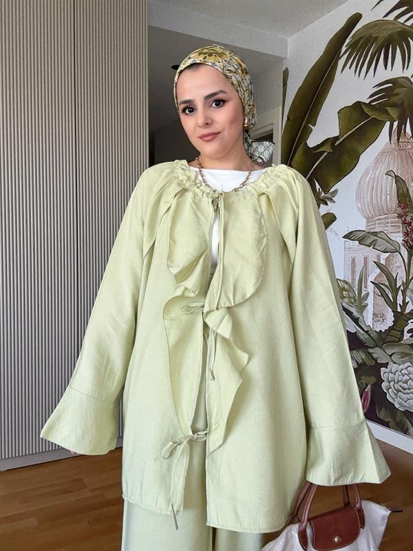 Fırfırlı Pamuklu Kimono Takım – Yazlık Dökümlü İkili Takım Yeşil