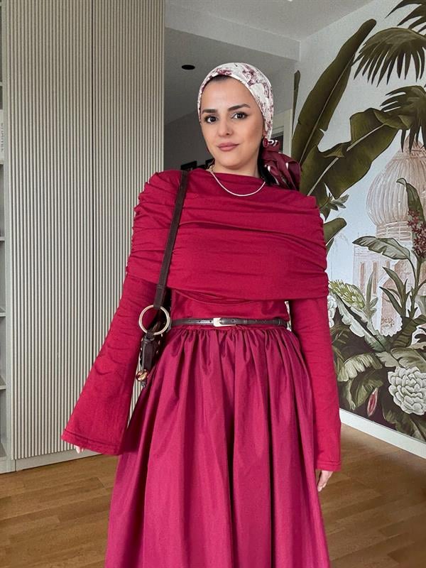 Kayık Yaka Pamuklu Roza Elbise Bordo