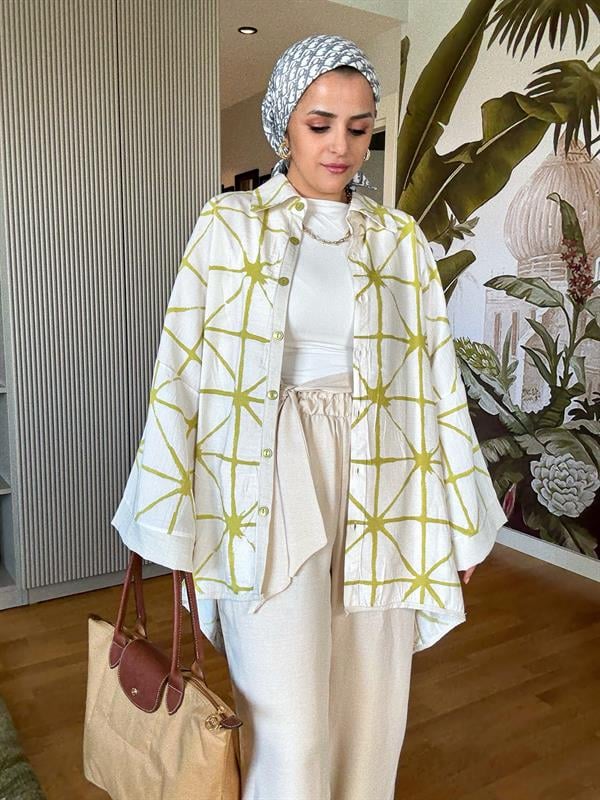 Çizgili Pamuk Keten Kimono Takım | Yazlık Rahat Tesettür İkili Takım Yağyeşil