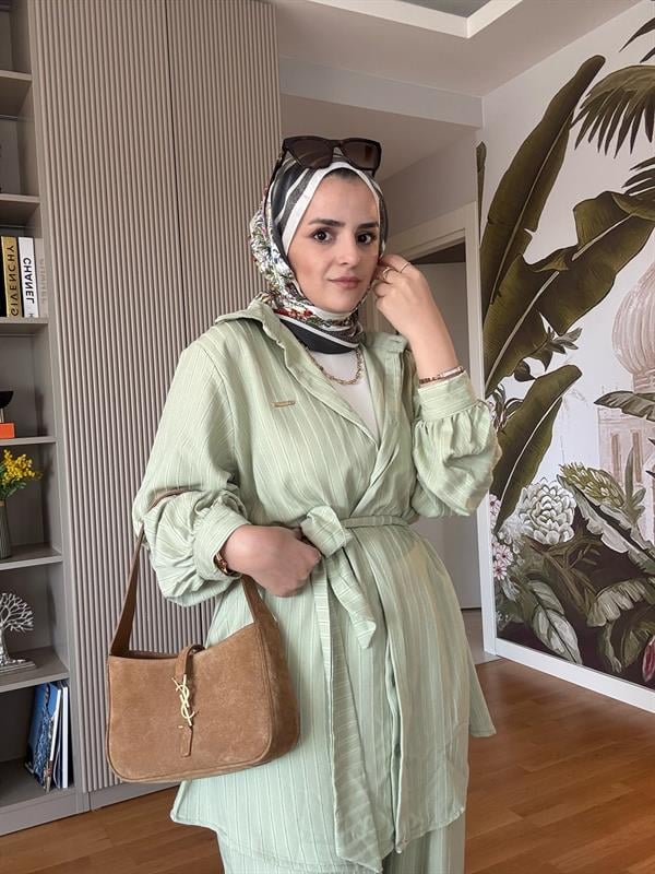 Çizgili Kuşaklı Pamuklu Gömlek Takım Yeşil