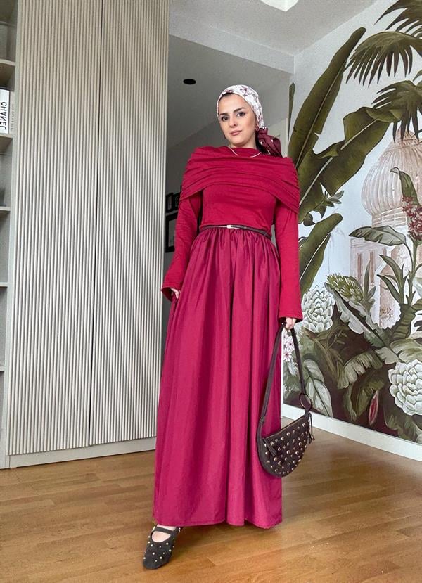 Kayık Yaka Pamuklu Roza Elbise Bordo