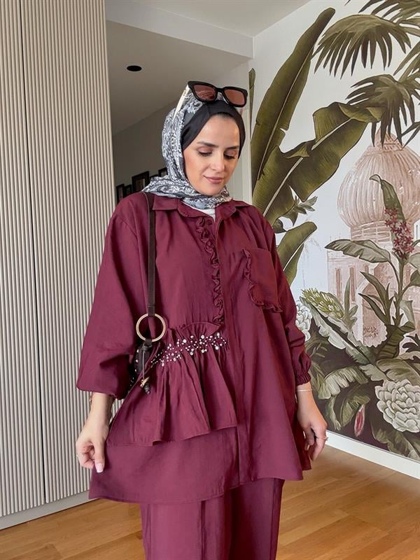 İncili Taşlı Tensel İkili Gömlek Takım Bordo