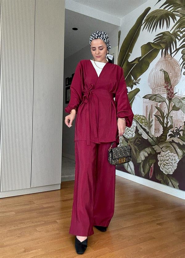 Yandan Bağlamalı Beli Pensli Pileli Modal Dokuma Takım Bordo