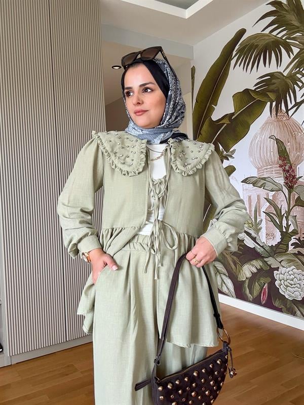 Keten Pamuklu Yakalı Taşlı Fırfırlı Kimona Takım Açık Yeşil