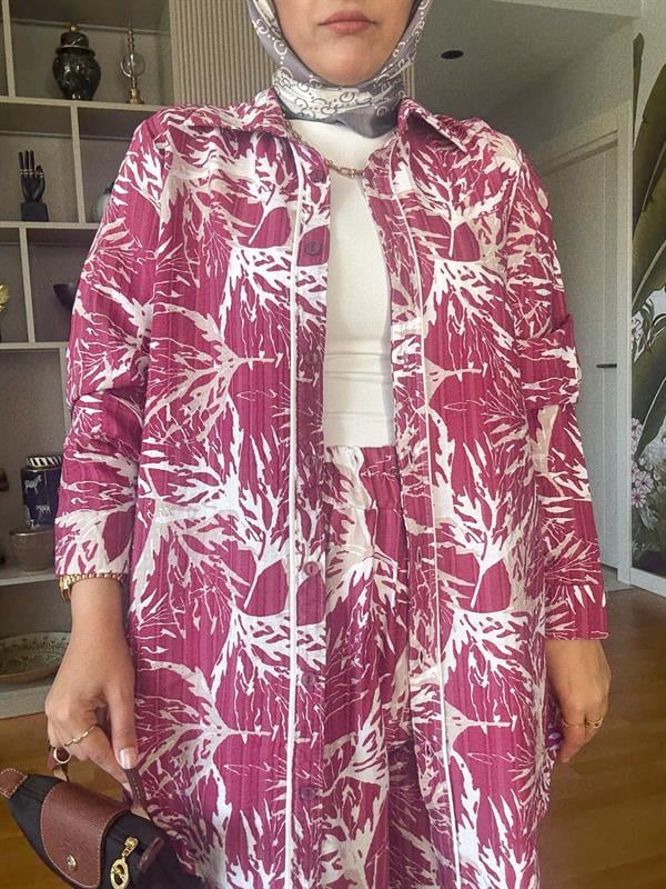 Pamuk Keten Desenli Biyeli Gömlek Takım Pembe