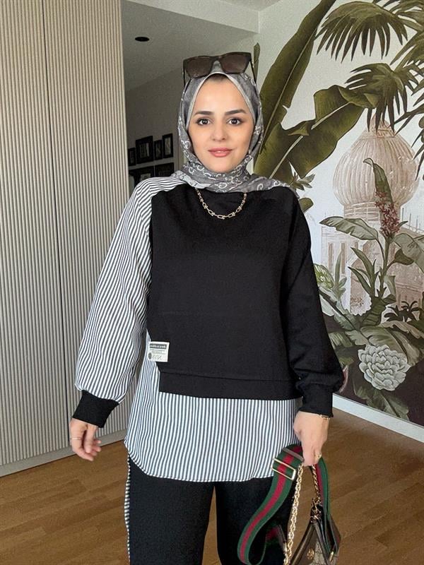 Modal Kumaş Gömlek Detaylı Tesettür İkili Takım - Rahat Kombin Siyah